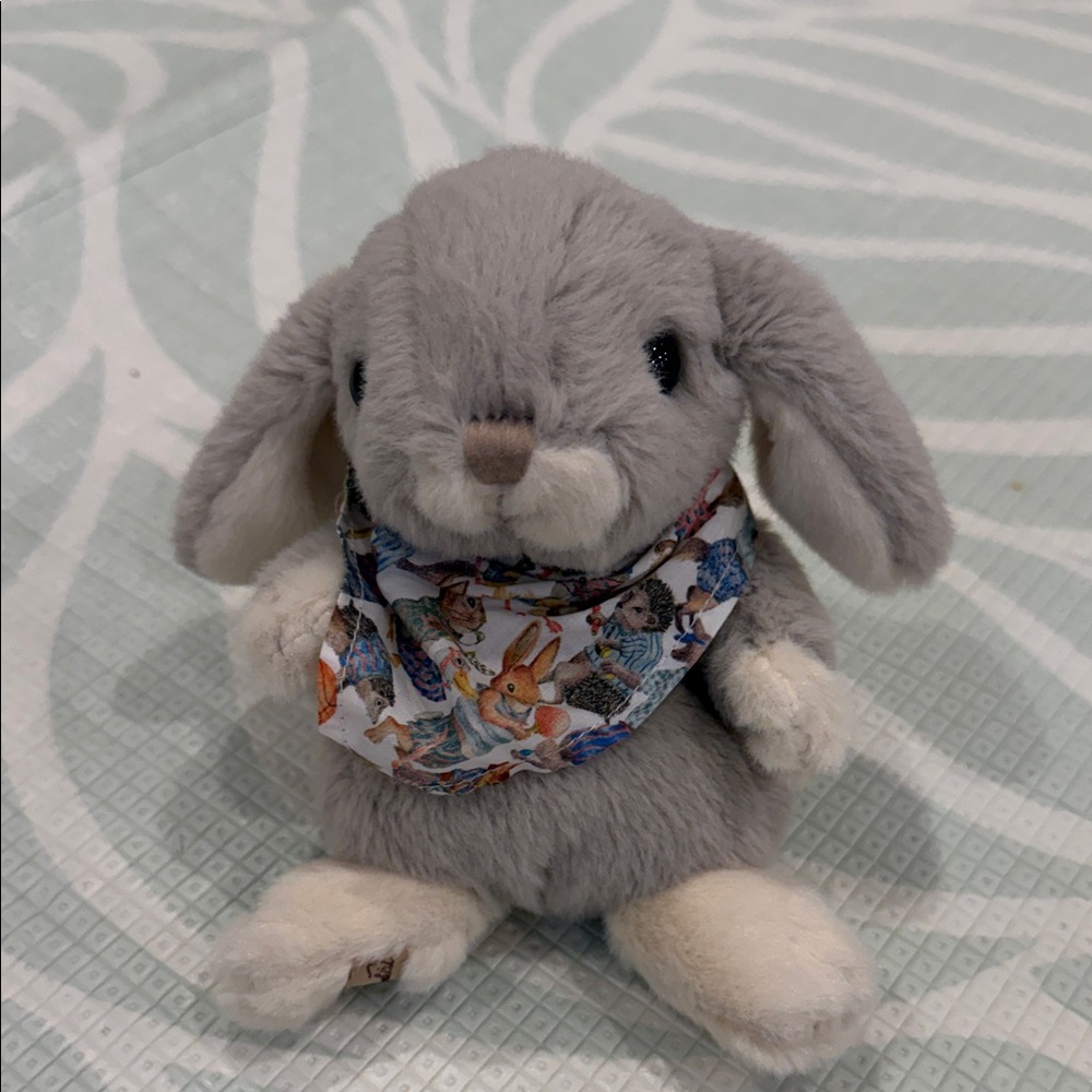 Charming Gray Plush Bunny with Patterned Bandana